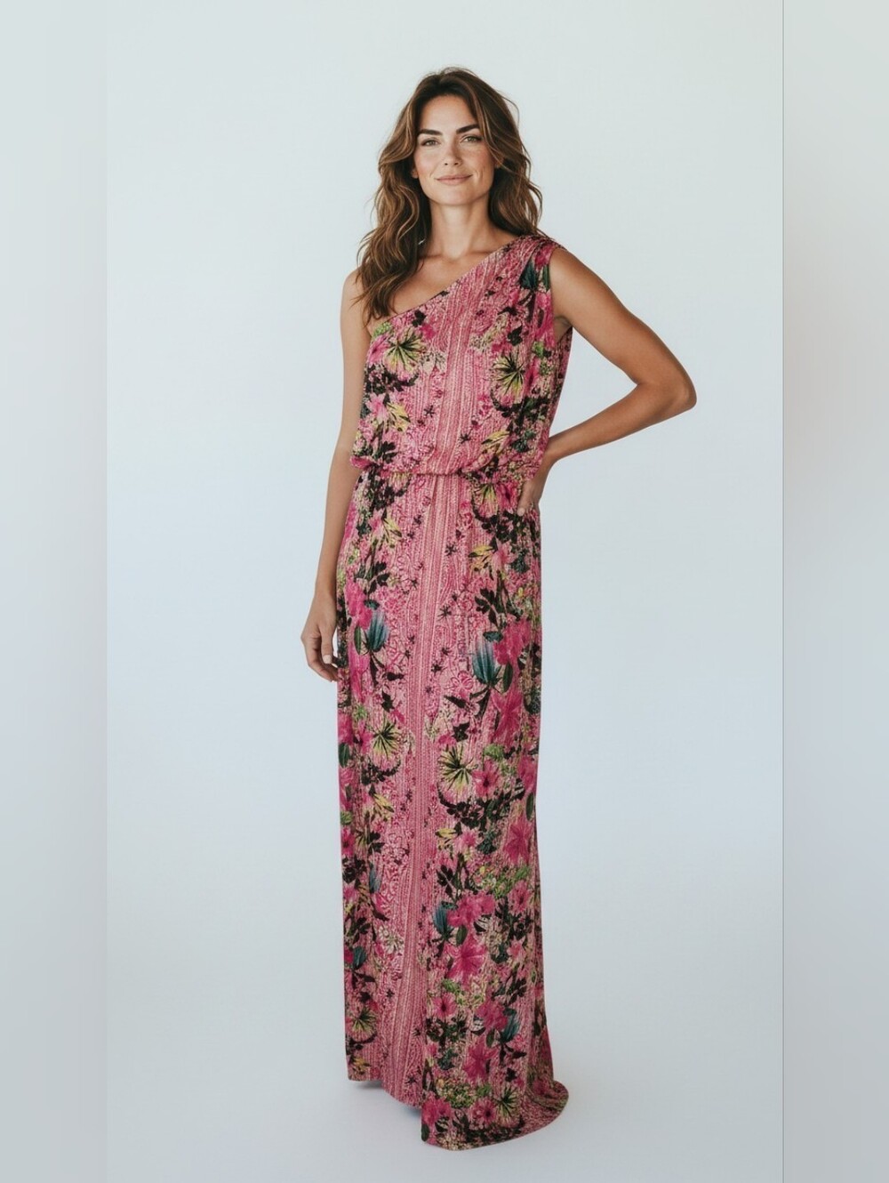 INC International Concepts Pink Floral One-Shoulder Maxi Dress